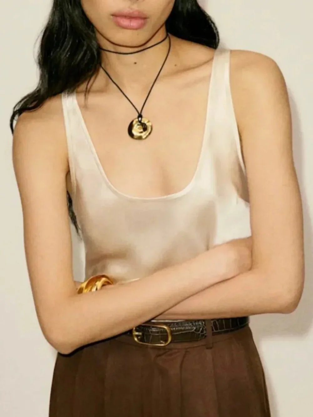 Reformation Veya Silk Top Medium Almond Cream Light Beige Minimalist Quiet Lux